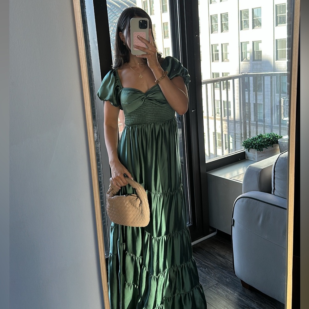 Free People Sundrenched Silky Short-Sleeve Maxi Dress in Green XS